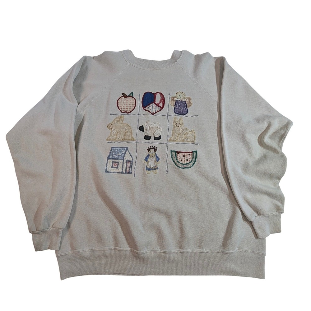 VTG White Patchwork Crewneck Sweatshirt Animals‎ Angel Grandma Core Size XL READ
